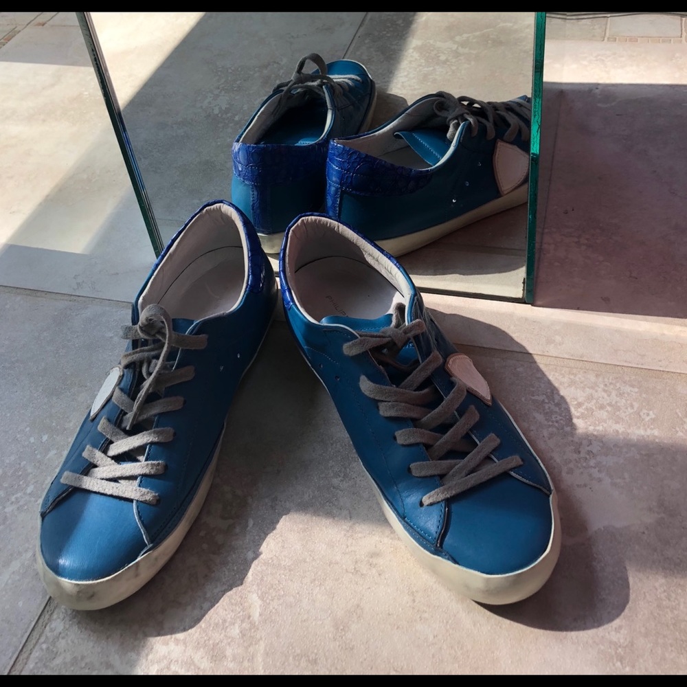 Blue leather ladies sneakers.